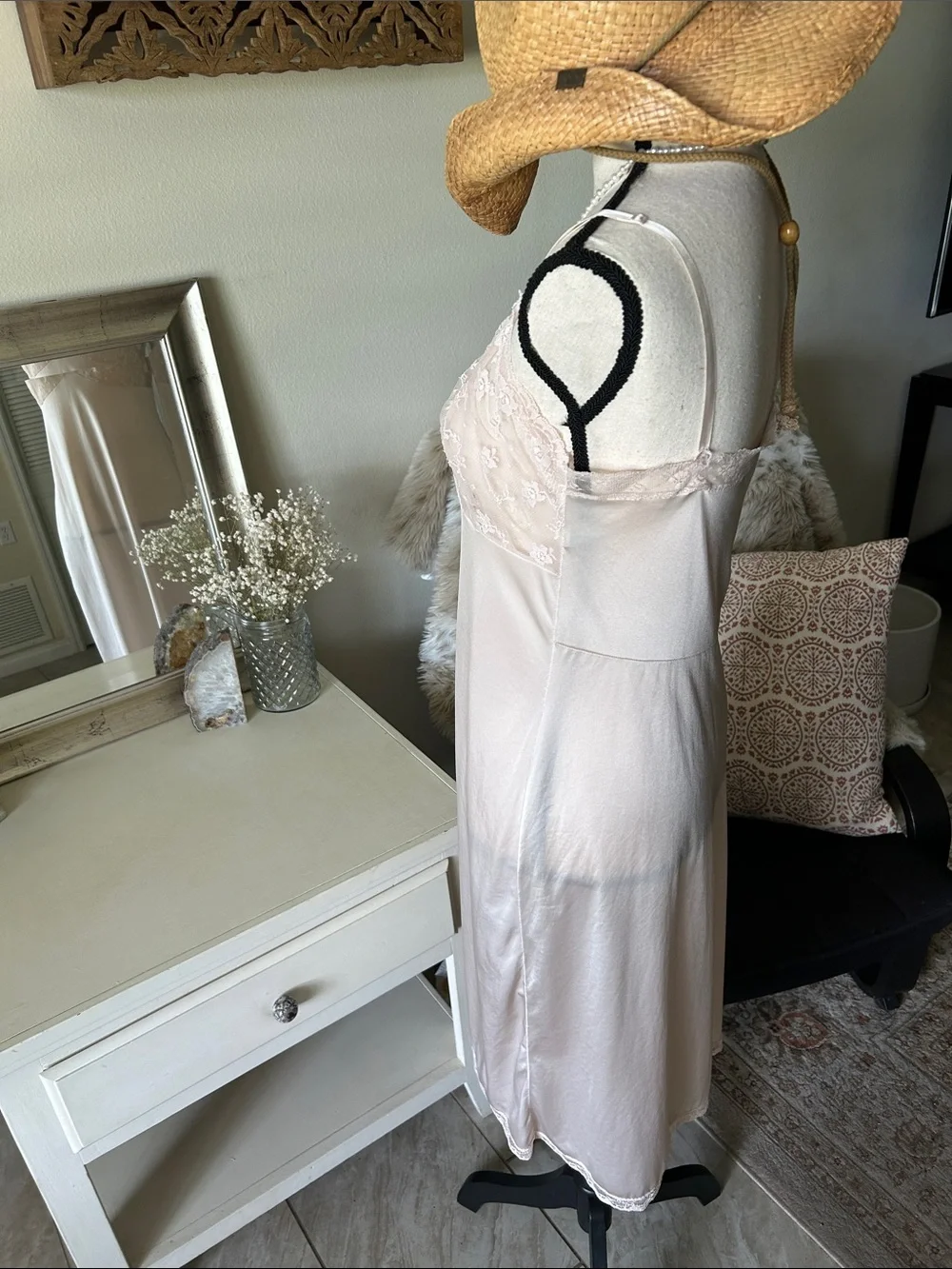 Vtg USA Dixie belle champagne cream pink lace nylon midi slip night dress 36 - Picture 9 of 16